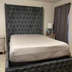 Queen Or King Size Tall Grey Fabric Tufted Bed Frame