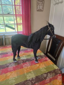 Black Horse Figurine with Real Hair Mane