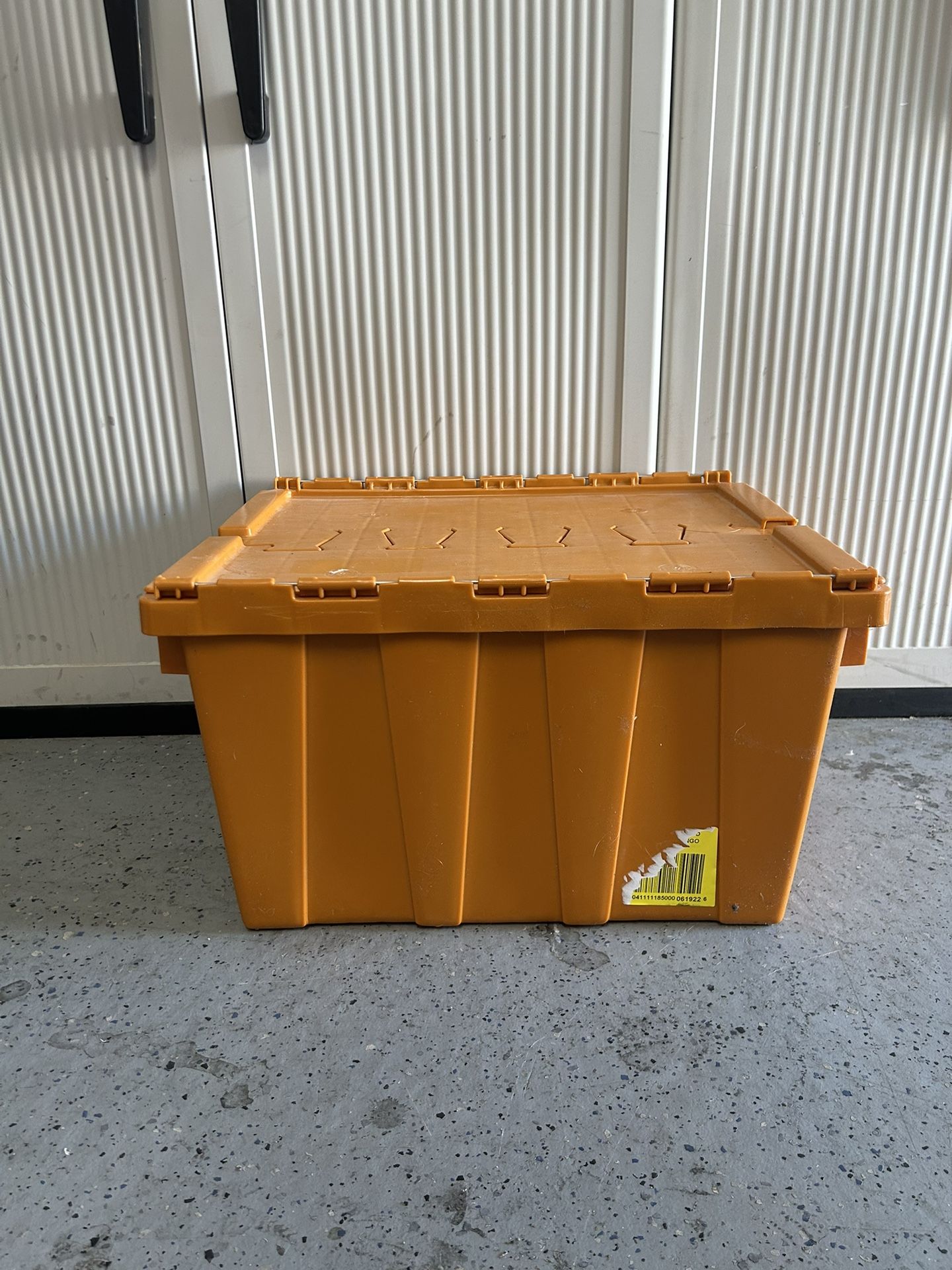 Orange heavy duty plastic storage bin container tote Hinged Lid
