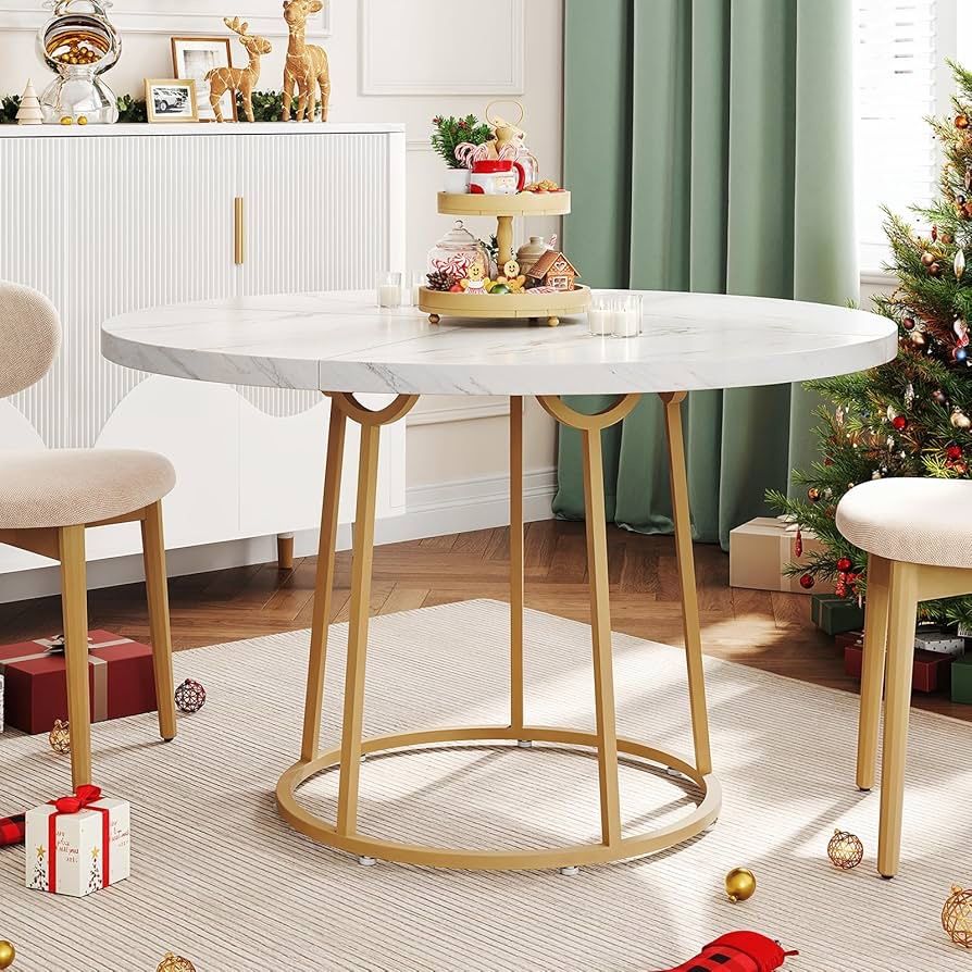 O411 $80 Round Dining Table, 47.24 Inch Kitchen Table for 4-6 People, Wooden Faux Marble Dinner Room Table with Gold Base, Circle Modern Small Table