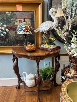 Vintage Demilune Console Half Moon Table, Walnut Top, Bottom Shelf, Carved Heron