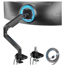 ARES WING Ultrawide Monitor Arm with USB A/C, for 17 to 49 inch Heavy Duty Screen, Holds 44 lbs, Adjustable Gas Spring Arm Desk Mount with Clamp and G