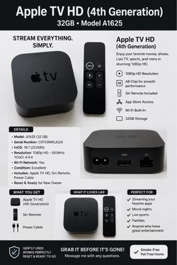 Apple TV HD (4th Generation) – 32GB – Model A1625 – Excellent Condition