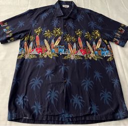 Vintage Pacific Legend Mens XL Blue Hawaiian Shirt Surfboards Woody Cars Palms