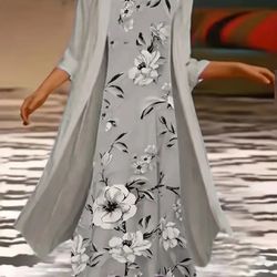 Women's Plus Size Floral Print Round Neck Tank Dress & Long Sleeve Coat Outfits Two Piece Set