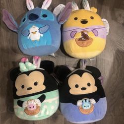 Lot of 4 Squishmallow 8” Easter Mickey, Minnie, Winnie the Pooh and Stitch.