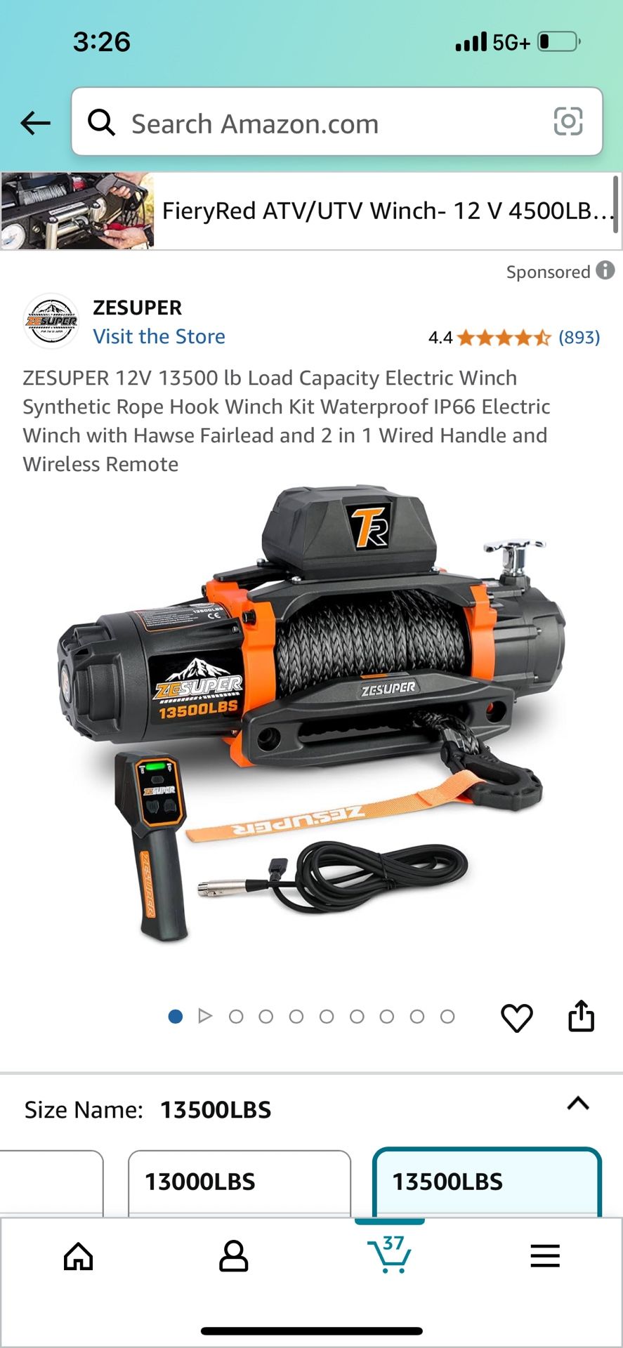 12V 13500 lb Load Capacity Electric Winch Synthetic Rope Hook Winch Kit Waterproof IP66 Electric Winch with Hawse Fairlead and 2 in 1 Wired Handle and