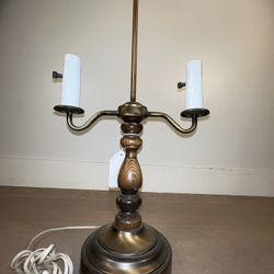 Antique Brass & Oak Wood Two lit table lamp.