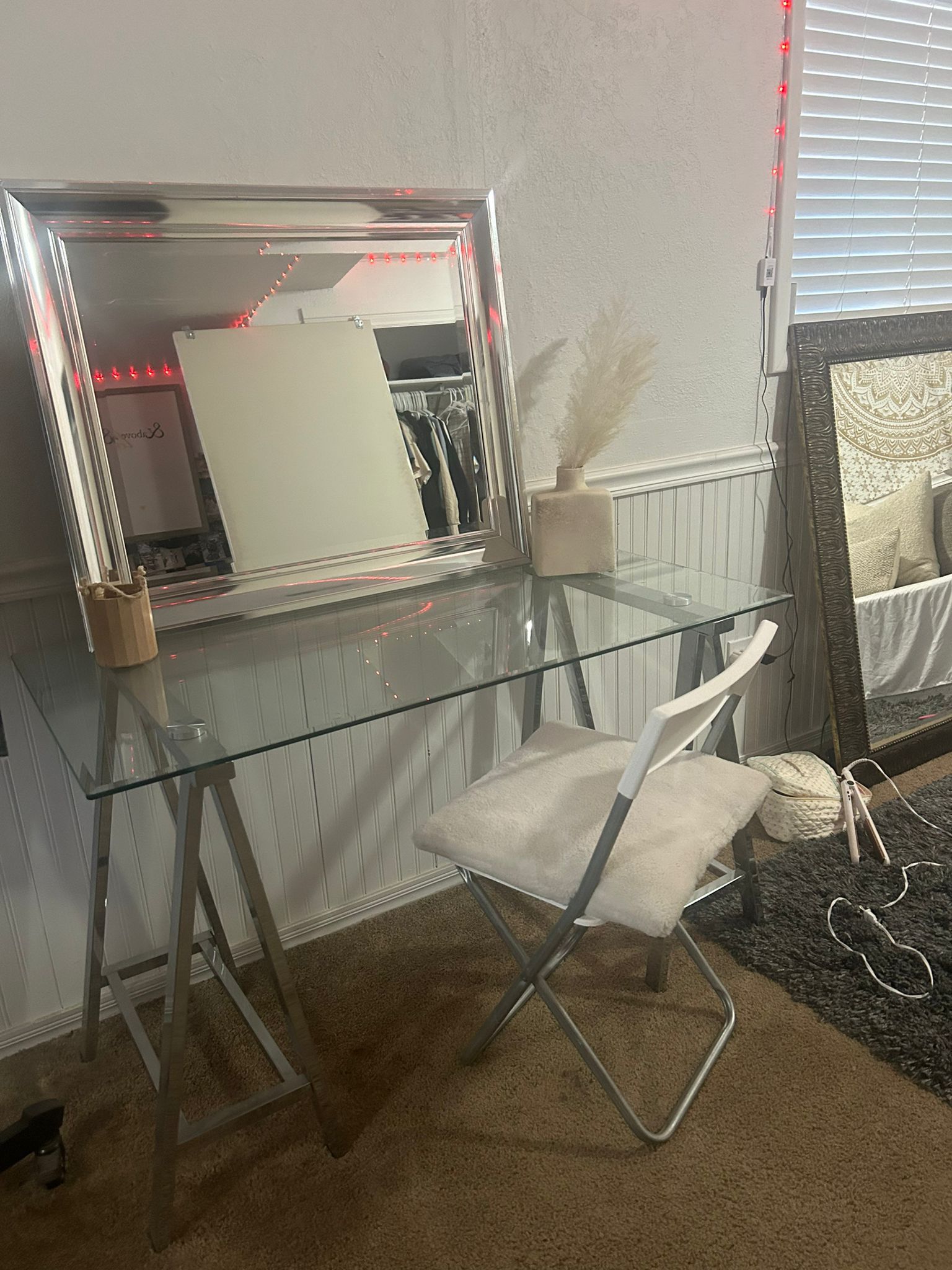 Glass Vanity With Mirror and Chair 