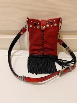 Handcrafted Upcycled COWTOWN Cowboy Boot Crossbody Purse with Fringe – Red & Black Western Bag