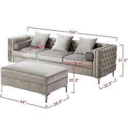 Legend Vansen Velvet Sofa sectional for Living Room with Ottoman Chaise Reversible L Shaped Couch Sleeper, 104", Grey