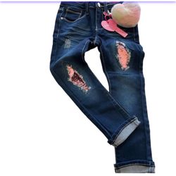 Girls Dark Wash Distressed Sequin Patch Jeans