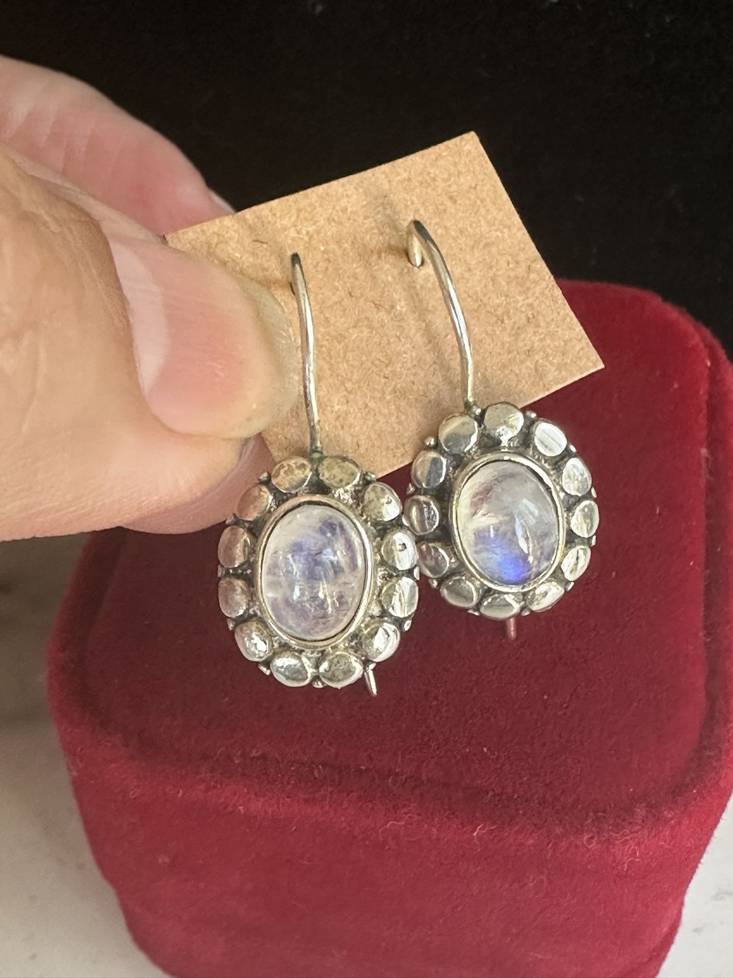 925 Sterling Silver , Genuine Moonstone Drop Hook Earrings , Beautiful!! Lots Of Blue !! Marked 925