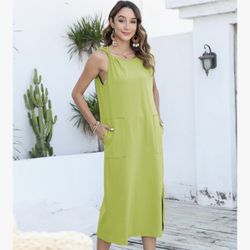 Womens Summer Boat Neck Twist Cap Sleeve Casual Sundress Side Split Midi Tshirt Dress with Pockets