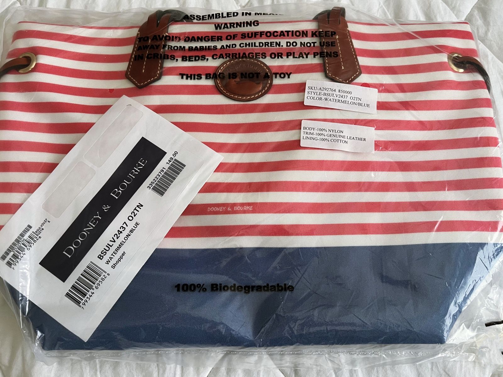 New Dooney & Bourke Large Shopper Beach Travel Tote - Watermelon / Blue - 50% OFF