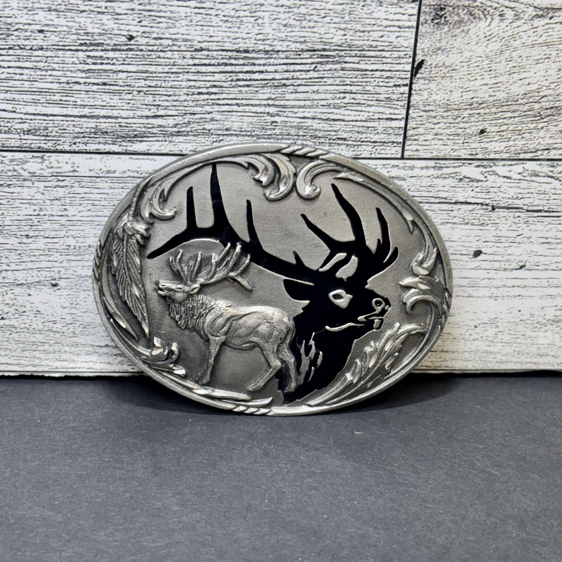 2001 Siskiyou Elk Pewter Belt Buckle Black Epoxy Inlay USA MADE