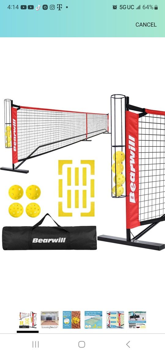 Pickleball Net 22 FT Regulation Size Portable Pickleball Net Pickle Ball Net with Exclusive Ball Holder Court Marker 4 Pickleballs & Carry Bag Pi