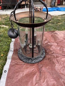 Large Lantern Pendant Chandelier with Curved Glass