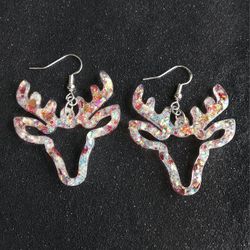 Sterling silver opalescent glitter reindeer dangle earrings handmade resin new