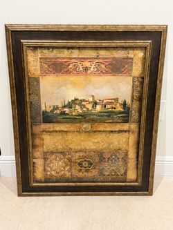 Beautiful large framed vintage-style tuscan landscape wall art. 29” X 35”