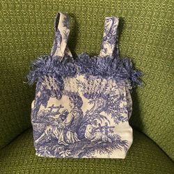 Vintage blue handbag with Asian-inspired fabric print