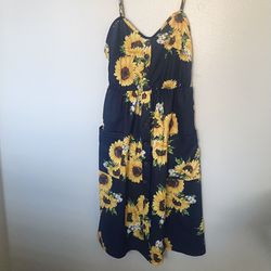 Sunflower Print Sun Dress with Pockets 