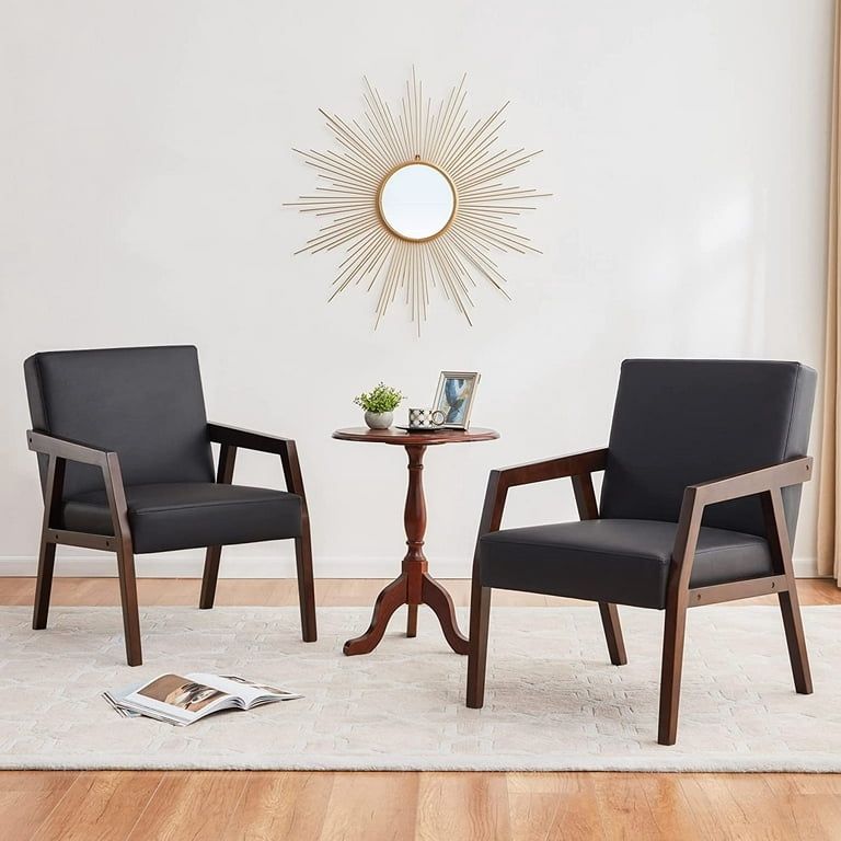 Living Room Chairs Set of 2, Wooden Accent Chair, Mid-Century Modern Arm Chair, Upholstered Leather Chair