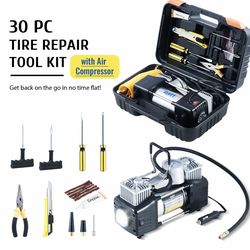 HEAVY DUTY 12V Portable Air Compressor Car Tire Inflator w 30pc Tire Repair Kit