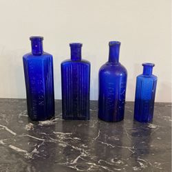 Antique Cobalt Glass Apothecary Poison Bottles Set Of 4