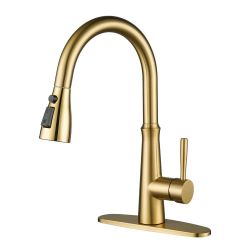Single Handle Stainless Steel Pull Down Sprayer Kitchen Faucet with 6-Spray Mode in Brushed Gold
