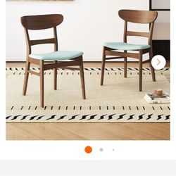 Mint and Brown Exquisite Mid-Century Modern Dining Chairs with Curved Backrest, Upholstered Seat Set of 2