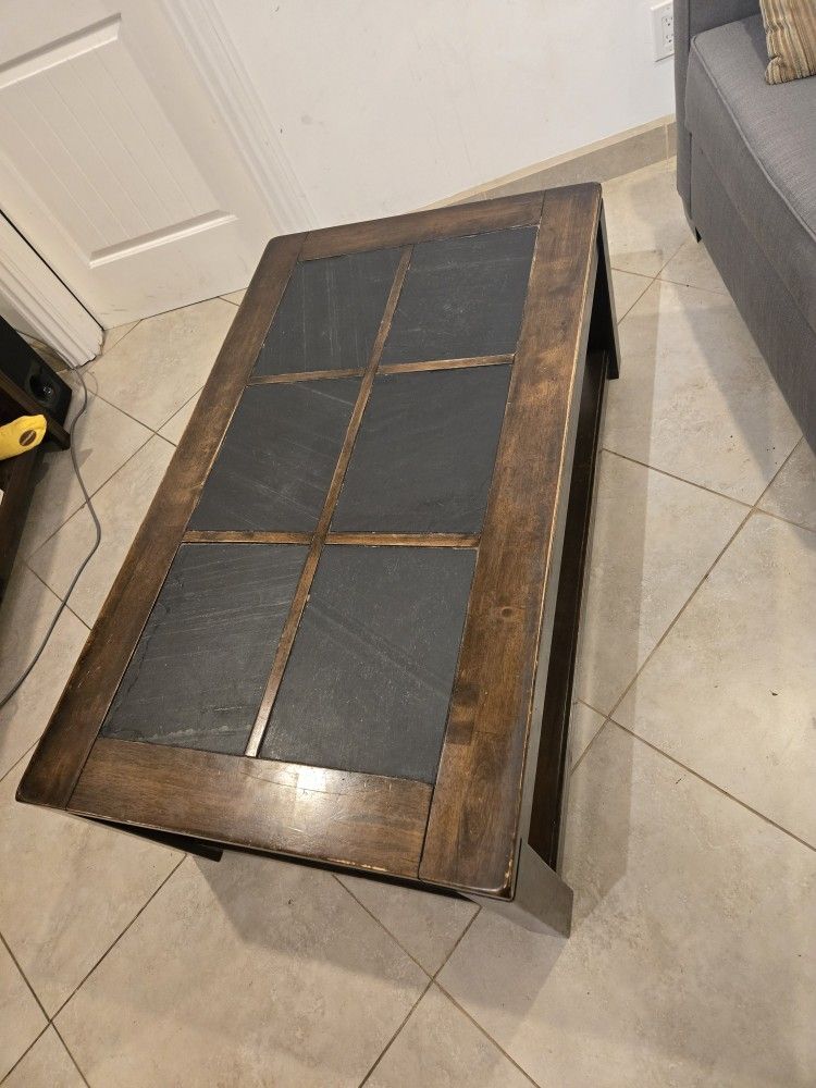 Rustic Farmhouse Coffee Table - Stone Inlay, Solid Wood