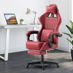 K159-Vintage PU Leather Gaming Chair, Ergonomic Gamer Chair with Massage, High Back Computer Office Chair with Footrest for Adults, Racing Style Recli