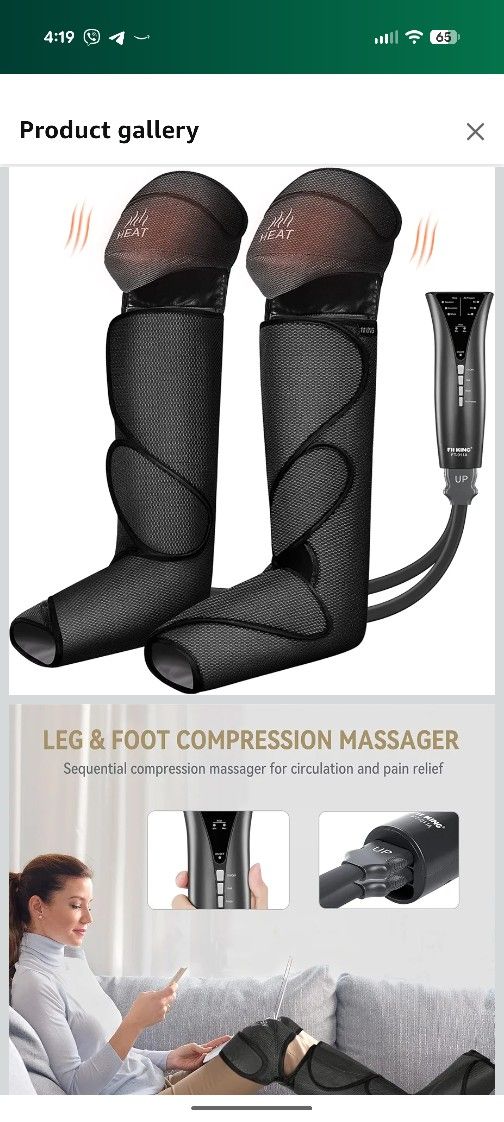 FIT KING Foot and Leg Compression Massager for Circulation and Pain Relief with Knee Heating Therapy - Handheld Controller 3 Modes 3 Intensities - Gif