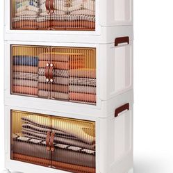 3 Tier Plastic Stackable Storage Bins and Boxes Organizer, Foldable Containers, Stackable Closet Organizers, Collapsible Boxes, White (3 Tier, 23.6″)