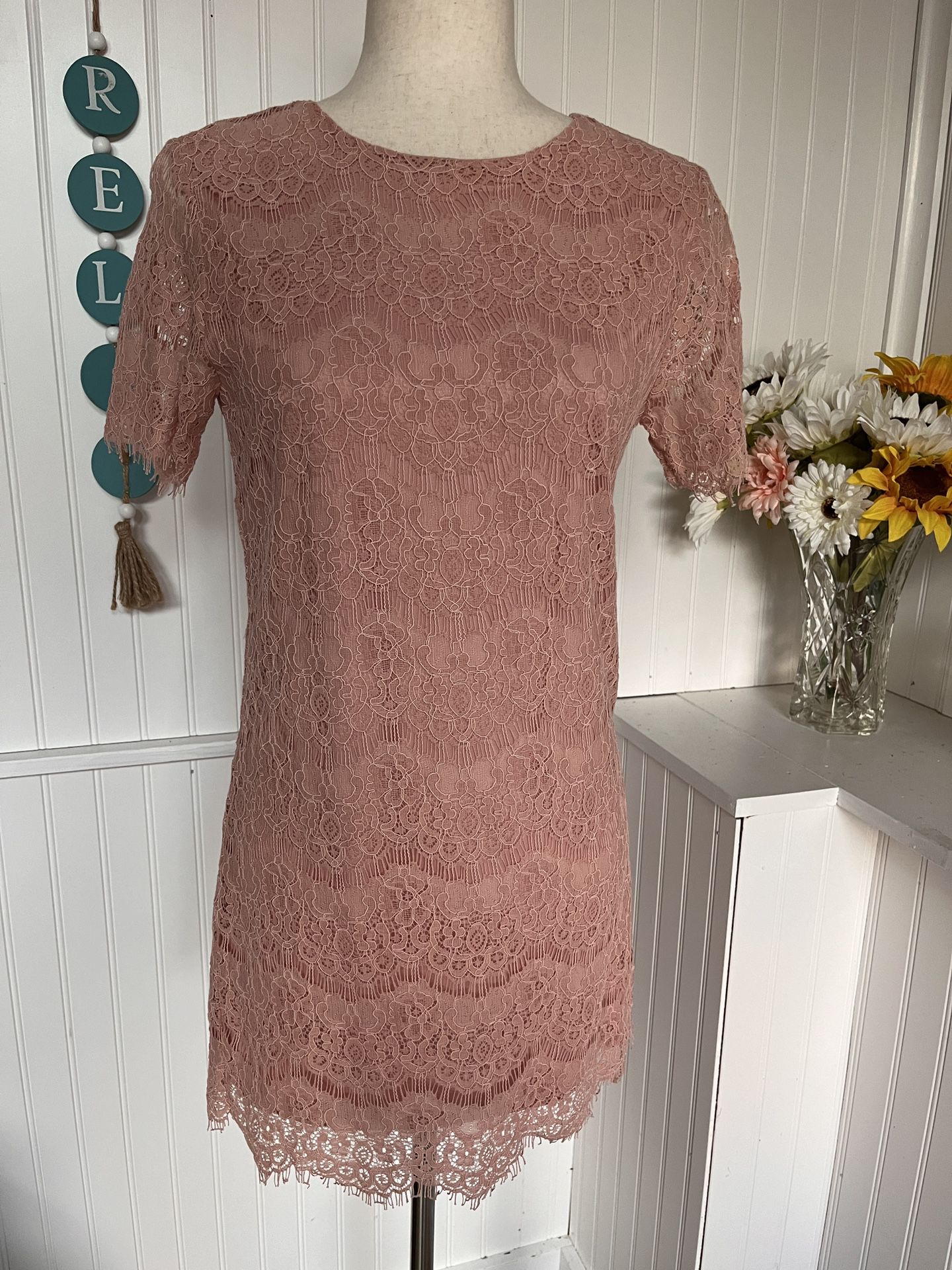 Pink Lily, short sleeves, round neck, beautiful lace Dress