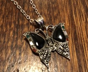 Sterling marcasite onyx gemstone butterfly pendant and chain