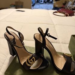 GG Gucci Marmot Leather Block Heel Ankle Strap Sandals 