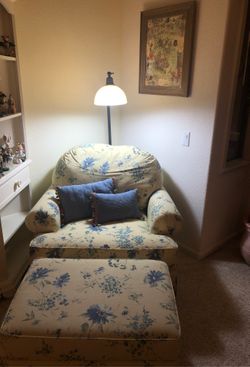 Shabby Chic chair with ottoman on rollers