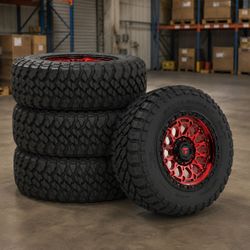 (4) Fittipaldi Wheels Rims FT101 18x9 5x139.7 18mm Machined with Gloss Red Tint & Satin & Tire Package 33x12.50xr18 MT Installed! 