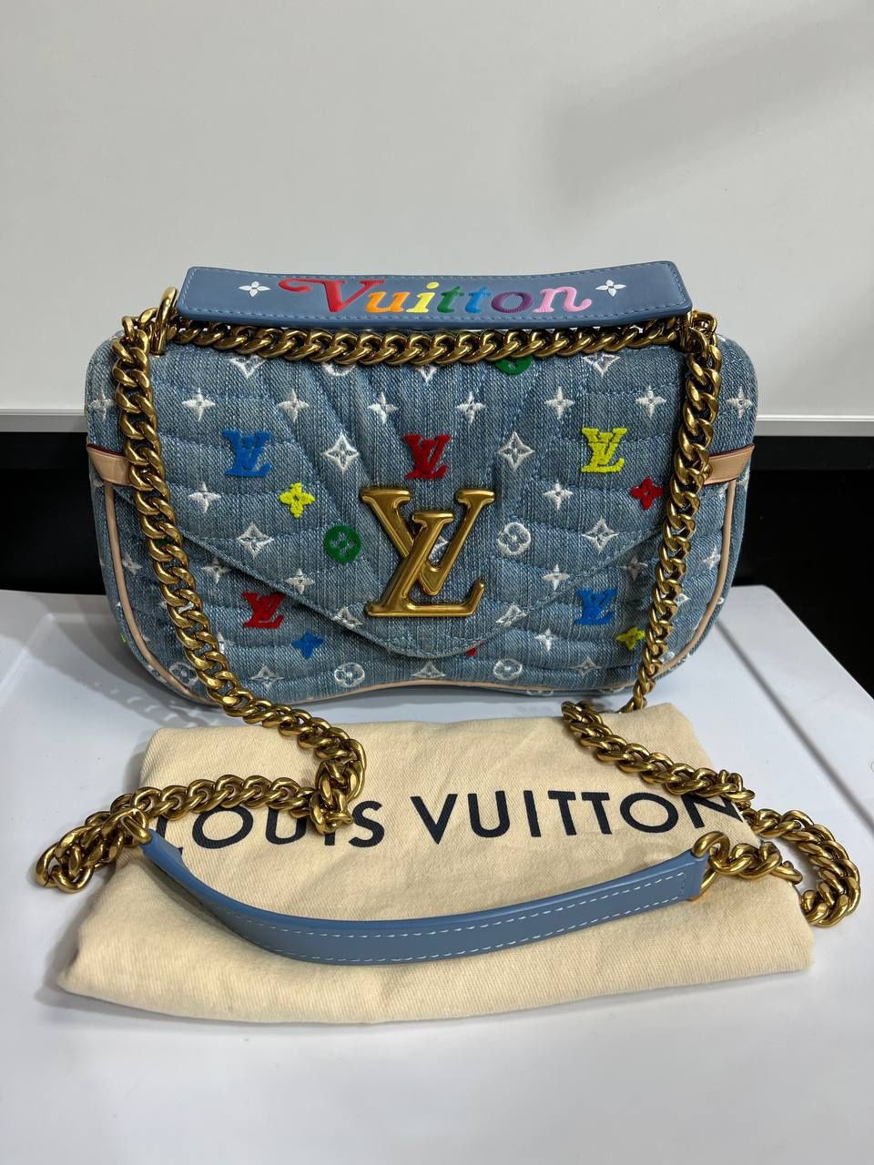 Louis Vuitton New Wave Chain Bag Monogram Embroidered Quilted Denim MM