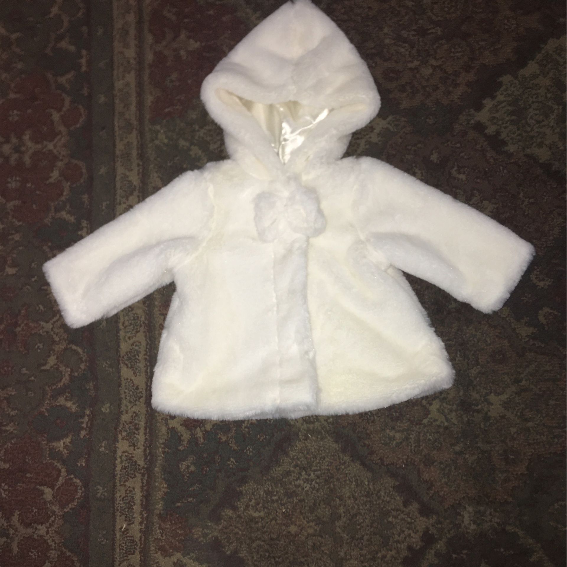 Baby Girl Faux Fur White Hooded Coat, Size 6 Months 