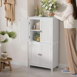 VASAGLE Floor Storage Cabinet, Freestanding Storage Unit with 4 Doors, Adjustable Shelves, 11.8 x 23.6 x 43.3 Inches, for Entryway, Bathroom, White UB