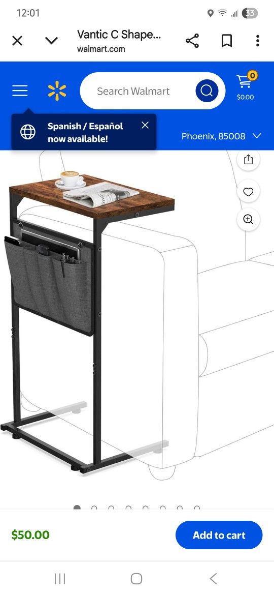 Vantic C Shaped End Table, Small Side Table for Couch and Recliner, Slide Under Sofa Tray Desk with Storage Bag for Living Room and Bedroom, Rustic Br