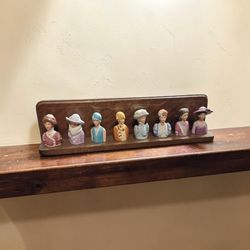 Vintage, Avon-1983, Elegant 8-pc Set Figural  Lady Thimbles on Wooden StandSet of 8 Miniature Porcelain Lady Bust Figurines with Display Stand