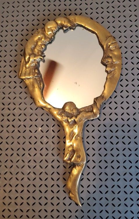 Vintage Pierrot Man Moon Brass Hand Mirror Wall Hanging French Clown Art Deco