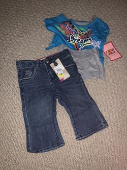 New Levi’s size 6-9 months flare and a size 2t French toast top. Both new with tags never worn