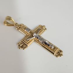 10K Two-Tone Gold Crucifix Cross Pendant INRI Jesus Charm 2.5g Religious Jewelry