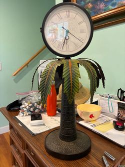 New double sided palm tree metal clock 24”H