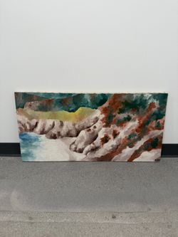 36”x18” Coastal Landscape Canvas Painting – Modern Scenic Wall Art